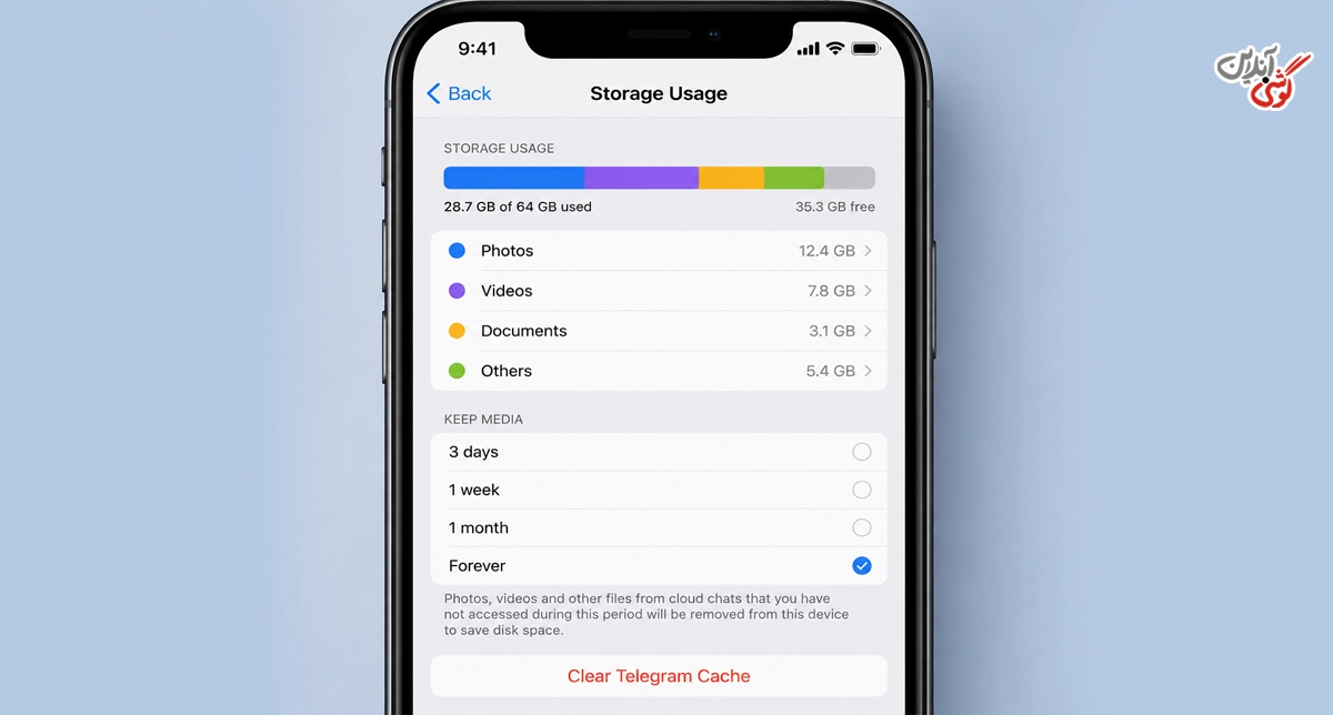 تصویری از بخش Storage Usage (استفاده از فضای ذخیرهسازی) در تنظیمات Telegram