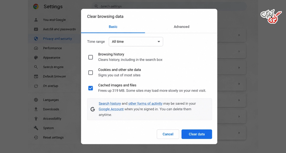 تصویری از صفحه Clear browsing data (پاک کردن دادههای مرور) در Google Chrome
