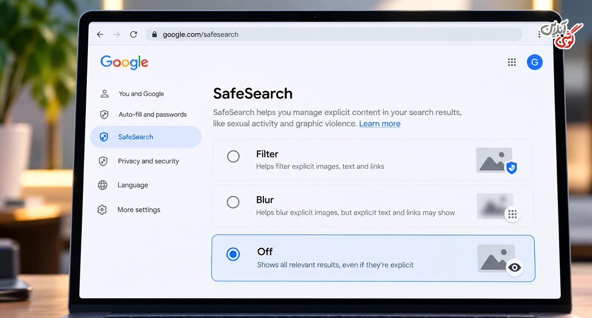 تصویری از انتخاب گزینه Off در صفحه google.com/safesearch